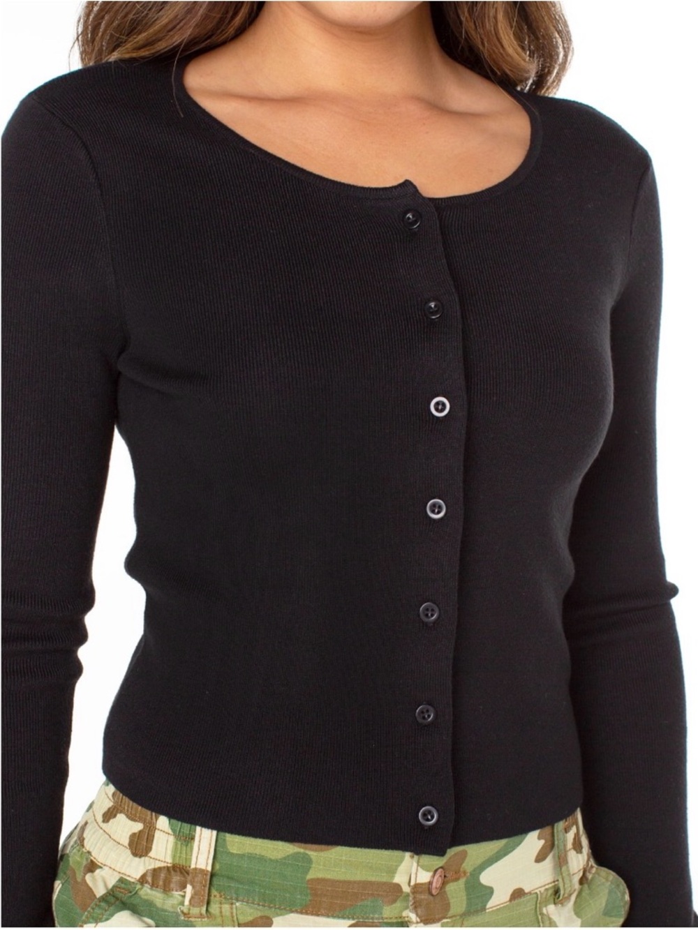 Celebrity Pink Black Ribbed Crewneck Button Cardigan Sweater